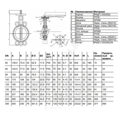 Затвор дисковый поворотный чугун межфл диск нерж манжета EPDM с рукояткой 2051HA Benarmo