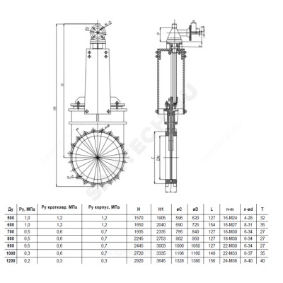 Задвижка шиберная двусторонняя чугун 1140RA Ду 800 Ру6 межфл с редуктором под электропривод ISO F14 уплотнение: NBR Benarmo .